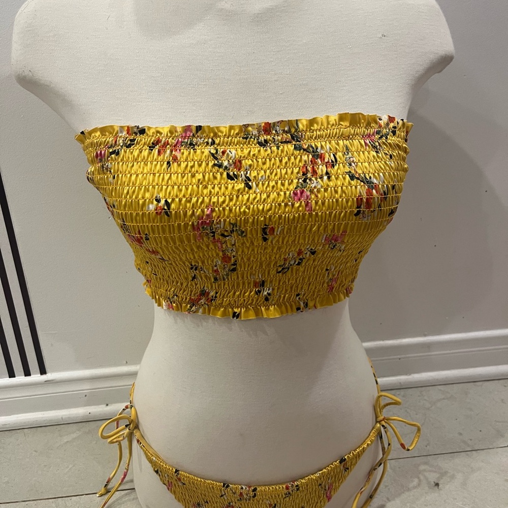 Yellow Floral Smocked Bikini Set